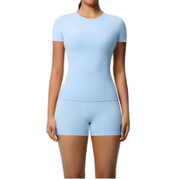 Pakaian Yoga 2 Potong Eropa Amerika Tanpa Jahitan Warna Solid Bernapas Ketat Elastis Tinggi Spandex/Nilon Anti Kusut