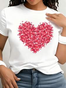 T-shirt Casual da Donna con Motivo a Cuori, Manica Corta, Leggera, 100% Cotone, Girocollo, Vestibilità Regolare, Tessuto Jersey, Ideale per la Primavera - Product Image 1
