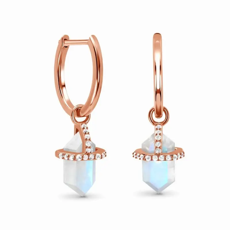 925 Sterling Silver Gemstone Hexagon natural stone Moonstone Rose Gold Long Earrings studs simple gem stone earring