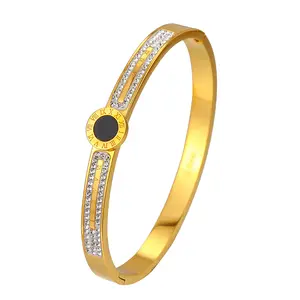 Gelang perhiasan mode besi tahan karat zirkon angka Romawi dilapis Emas Gelang Bangle 316 grosir mewah untuk wanita 2024