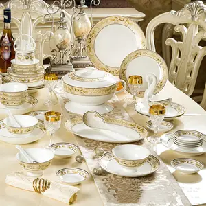 लक्जरी Tableware सेट गोल्डन हड्डी चीन चीनी मिट्टी प्लेटें डिनर सेट 58pcs शाही चीनी मिट्टी के बरतन बर्तन