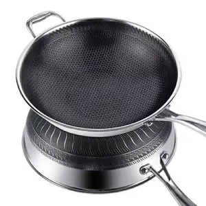 Honeycomb Frying Pan Wok Pan Non-stick Stainless Steel Cook Wok With Lid