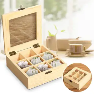 9 슬롯 차 설탕 가방 스토리지 나무 상자 홀더 나무 커피 주최자 컨테이너