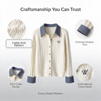Cardigan en tricot torsadé 100 % coton anti-plis personnalisé pour femme, col chemise rayé contrastant, style preppy universitaire, OEM ODM