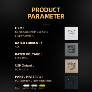 <strong>White</strong> Black Grey Gold PC Plastic Frame EU Standard French 2P+T Wall Socket with Type-A Type-C Charging USB <strong>Ports</strong> - Product Image 2