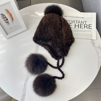 Chapeau Ushanka en fourrure de vison tricoté pour femme, style coréen mignon, avec pompon en fourrure de renard, chapeau en fourrure extensible avec cache-oreilles