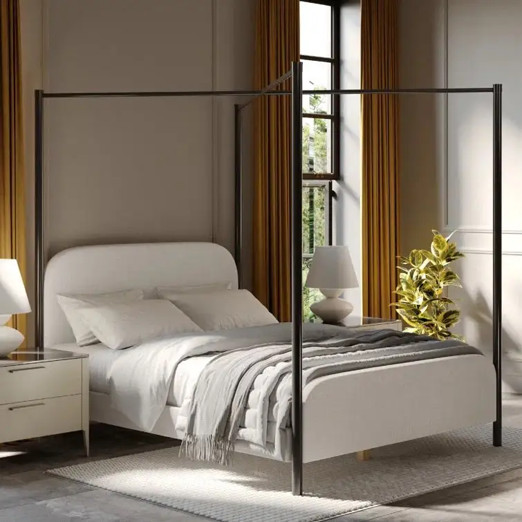 Modern Design Eenvoudige Montage Zwart Hemelbed Geen Boxspring Nodig Gestoffeerd Metalen Luifel Platform Bedframe