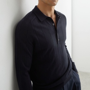Maglione da uomo in lana merino a coste larghe, con maniche raglan e mezza abbottonatura, colore blu navy, stile classico e raffinato, modello <span class=keywords><strong>polo</strong></span>. - Product Image 5