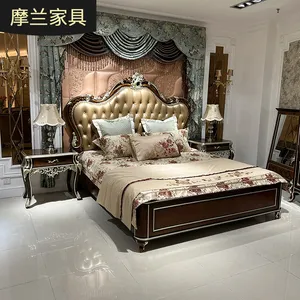 MO LAN European leather bed set Luxury Master Bedroom Double bed 1.8m solid wood carved bedroom Princess bed