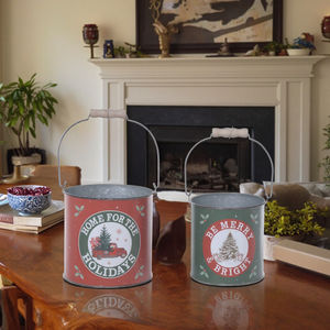 Lot de 2 seaux ronds de Noël en zinc peint, artisanat métallique fait main avec design <span class=keywords><strong>personnalisable</strong></span> pour décorations de cadeaux de fêtes - Product Image 2
