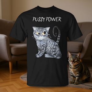 Camiseta Pussy Power para Amantes de los Gatos, Negra, Unisex, Cuello Redondo, Manga Corta, Impresión en Serigrafía, Prenda Promocional, Tallas S, M, L, XL, XXL - Product Image 2