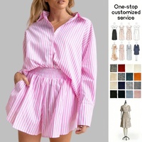 ODM OEM Personnalisé 100% Coton Rayures Verticales Chemises Polo pour Femmes Blouse Oversize et Ensemble de Shorts Décontractés