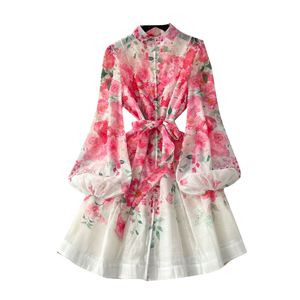 Spring American Style Stand Collar Tunic Casual Midi Dress Women Lantern Sleeve Empire Digital Printing Lace Woven Eco-Friendly - Product Image 5