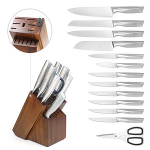 Ensemble de 14 couteaux de cuisine, manche intégré en acier inoxydable ondulé, ergonomique, couteaux de chef à lame pleine, avec bois d'acacia - Product Image 3