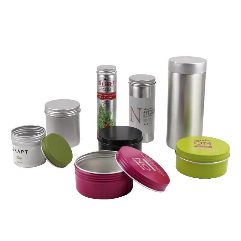 Custom empty metal tin can container screw top with silk-screen,aluminum canister and aluminum lid jar