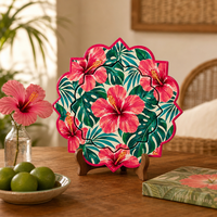 Sous-plat en céramique 20 cm, motif feuille de Monstera Hibiscus rose festonné, impression UV émaillée, base en liège, style Zen Asiatique, réutilisable pour table de cuisine