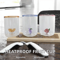 Tasse en verre borosilicate fait main, résistante à la chaleur, avec ornement 3D en forme de fruit, 400 ml, bord coloré, réutilisable pour café, jus, eau