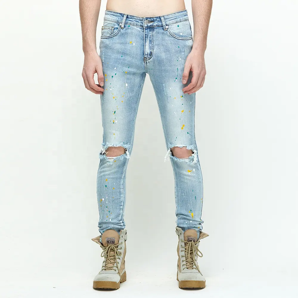 DiZNEW printed denim jeans manufacturers wholesale men stretch destroyed jeans