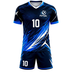 ผู้ผลิตเสื้อฟุตซอลแบบกำหนดเอง พิมพ์ลายด้วยความร้อน แขนสั้น คอวี แห้งเร็ว ระบายอากาศได้ดี โพลีเอสเตอร์ ชุดฟุตซอลทีม - Product Image 1