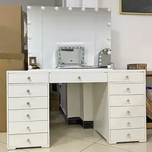 Luxury Hollywood Mirror White Makeup Dressing Table With Lights For Hair Salon