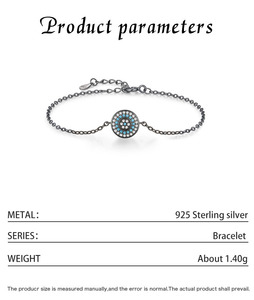 S925 Silver Black Rhodium Plated Chain <b>Bracelet</b> With Blue Crystal BohoStyle Eye Pendant Classic Everyday Wear Unisex - Product Image 2