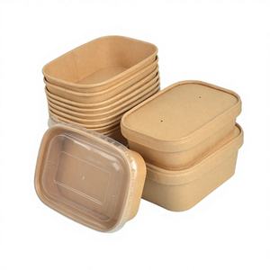 Bols carrés et rectangulaires jetables en papier kraft biodégradable, imperméables, de qualité alimentaire, imprimés sur mesure, avec couvercle, compatibles micro-ondes - Product Image 1