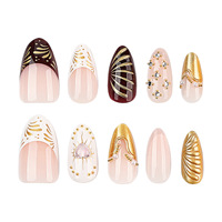 Ongles à presser de luxe style Baroque, motif léopard vintage automne, avec breloques 3D en métal doré, strass, perles, cœurs et croix