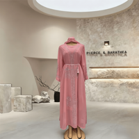 Robe Abaya musulmane multicolore avec broderie florale en strass, manches longues, robe maxi ceinturée, robe Abaya islamique pour femmes, vente en gros