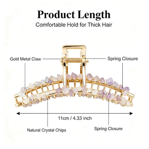 Pince à cheveux en métal doré grande et incurvée, avec copeaux de cristal naturel, style banane, accessoires de mode pour cheveux, vente en gros - Product Image 6