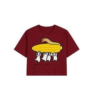 T-shirt girocollo con stampa di coniglietti che portano un mais gigante, unisex, vestibilità ampia, estiva, casual, streetwear. - Product Image 3