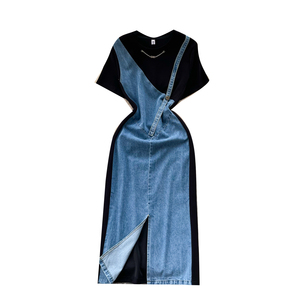 Abito lungo estivo casual con scollo a O e spacco per donna, vestito in denim patchwork a vita alta - Product Image 5