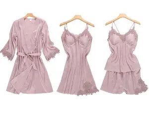 Wholesale Sexy Four Piece PJ Sets Ice Silk Women Sleep Wear Set Elegant Satin Night Suits for Women