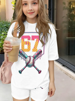 Ensemble d'été 2026 pour filles, rayé blanc et gris, à manches courtes, avec t-shirt et short de sport pour enfants, imprimé lettres roses Los Angeles 23