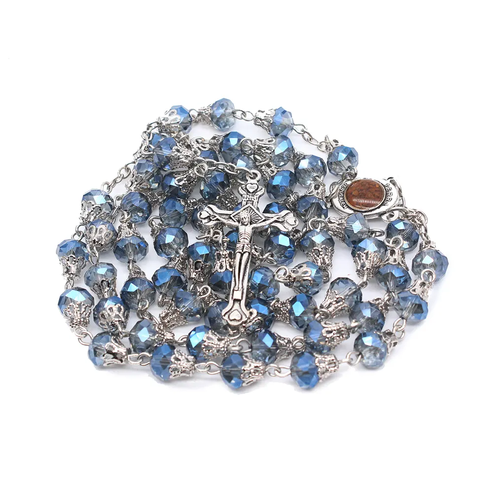 Rosario cattolico perline cristallo blu perline di preghiera centro Maria croce pendenti per rosari cattolici gioielli all'ingrosso
