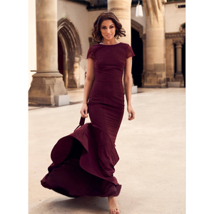 Váy Cưới Tay Áo Ren Vỏ Sò Ren Lưng Dài Trailing Burgundy Nàng Tiên Cá Phù Dâu Váy Cưới - Product Image 1
