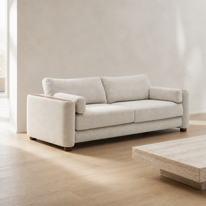 Canapé Boucle à accoudoirs en bloc, pieds en bois, profil bas, assise profonde, deux places, en tissu peluche, moderne, pour salon et appartement - Product Image 2
