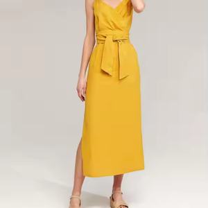 Vestido Midi de Alta Calidad para Mujer, Verano, Amarillo, Lino, con Botones, Tirantes, Estilo Envolvente, Sexy, Talla XS, Cintura Elástica, Diseño Sólido, Tejido - Product Image 3