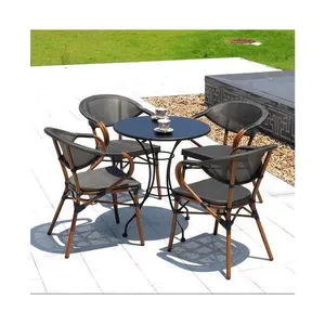 Set meja makan aluminium restoran luar ruangan, set meja makan dan kursi dapat ditumpuk teras Bistro Prancis kursi taman