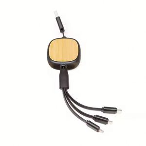 Multi-Function Eco-friendly Bamboo 1M Retractable Multiple Charging Cord <b>3</b> in 1 Fast USB Charger Cable - Product Image 2
