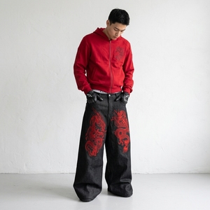 Jeans Vintage Y2K Hip Hop in <span class=keywords><strong>Denim</strong></span> Grezzo Ricamato con Dragone, Reversibile, Stile Industriale Estremo, Colore Originale, per l'Inverno, Ispirazione Asia Orientale - Product Image 2