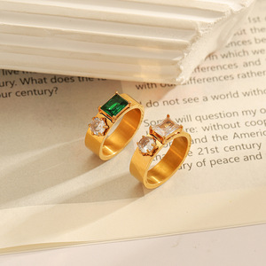 Fashion <b>Rings</b> Geometric Shape 18k Gold Plated <b>Titanium</b> Steel With Diamonds Green White Diamond Prong Setting Unisex Gift Jewelry - Product Image 1