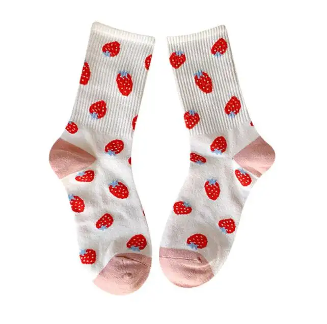 Günstigste Frauen Sport Socken gerippt Design Crew Socken mit Erdbeer niedlichen ausgefallenen Früchten Muster niedlichen Teen Mädchen Socken