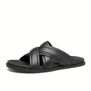Sandalias Negras de Cuero Genuino con Tiras Cruzadas, Punta Abierta, Estilo Clásico, Chanclas de Verano con Suela Antideslizante de EVA - Product Image 1
