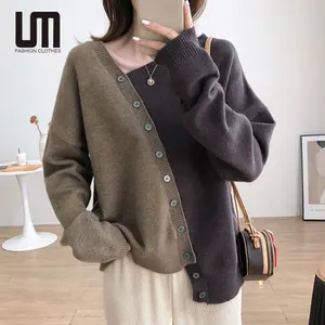 Liu ming roupas femininas para outono, inverno de 2023, estilo coreano, com botões, de malha, manga comprida, decote em v, cardigan irregular