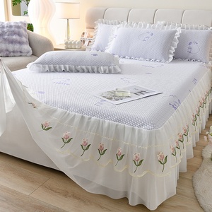 Summer Cooling Ice Silk Mattress <b>Pad</b> With <b>Bed</b> Skirt Embroidered Floral Design Breathable Soft Mat Single Piece Set Machine - Product Image 1