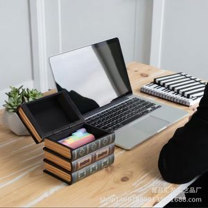 Caja de almacenamiento de libros retro, organizador de joyas cubierto de madera maciza, caja de almacenamiento decorativa para escritorio, forma rectangular - Product Image 2
