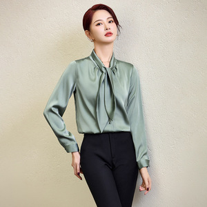 Women's Satin Blouse With Tie Neck Full Sleeve Elegant Work Shirt For Office Wear Green - Product Image 3
