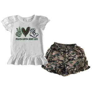 Hot selling Children 2 pieces clothes sets Summer Army life cool gril Custom printing Soft fabric Girl's outfits