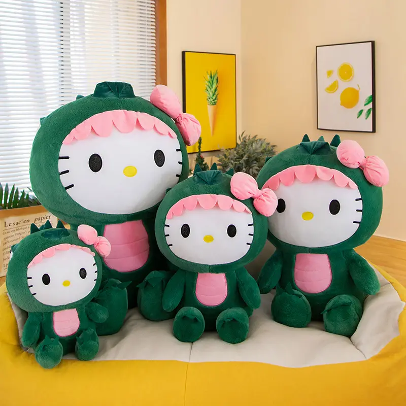 green KT Cat Dinosaur Plush Toy Kawaii Sanrio Cartoon Doll Room Decoration pillows Birthday gift for children