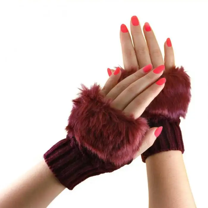 8230668 Hot sale Winter Gloves Female Fingerless Gloves Without Fingers Pompom Faux Fur Wrist Mittens Knitted Gloves